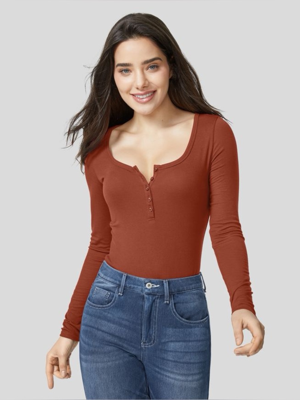 Halara Ribbed Henley Neck Long Sleeve Slim Casual T-Shirt Women's Long Sleeve